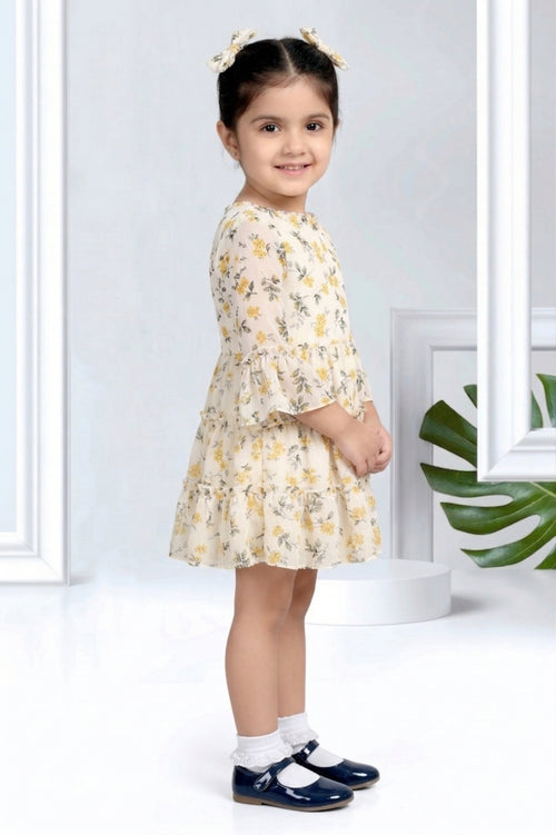 Girls Yellow Floral Bell Sleeve Dress TSM30534
