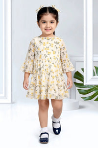 Girls Yellow Floral Bell Sleeve Dress TSM30534