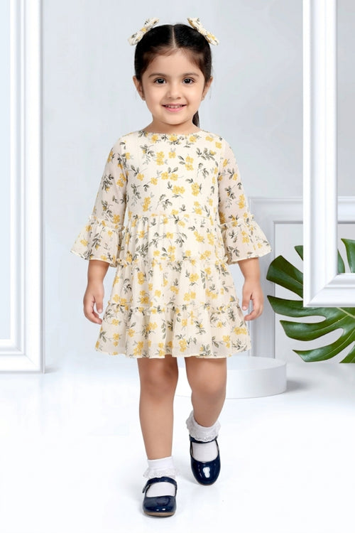 Girls Yellow Floral Bell Sleeve Dress TSM30534