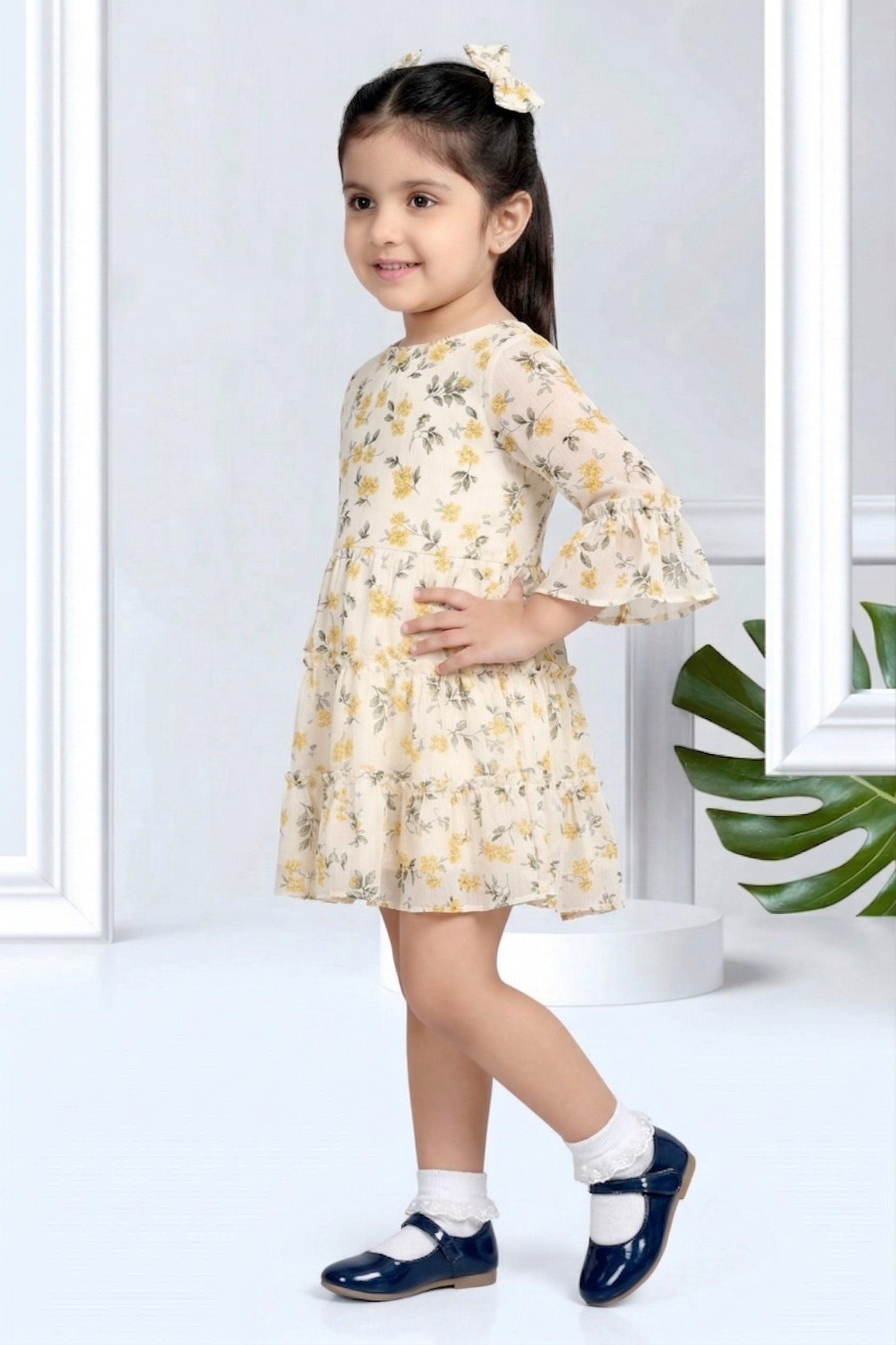 Girls Yellow Floral Bell Sleeve Dress TSM30534