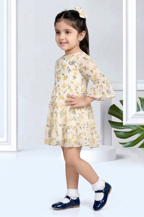 Girls Yellow Floral Bell Sleeve Dress TSM30534