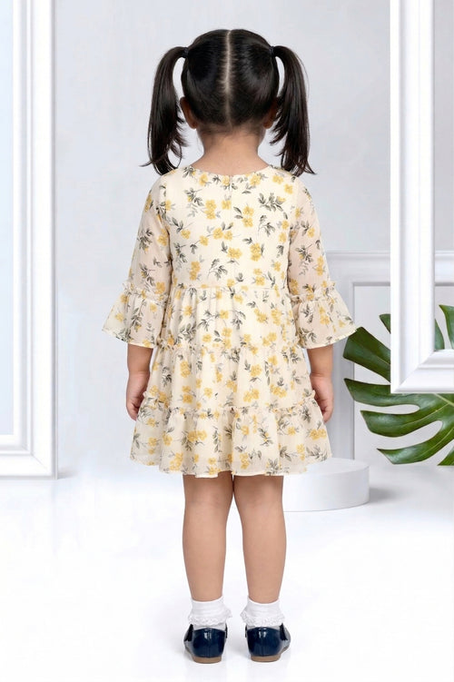 Girls Yellow Floral Bell Sleeve Dress TSM30534