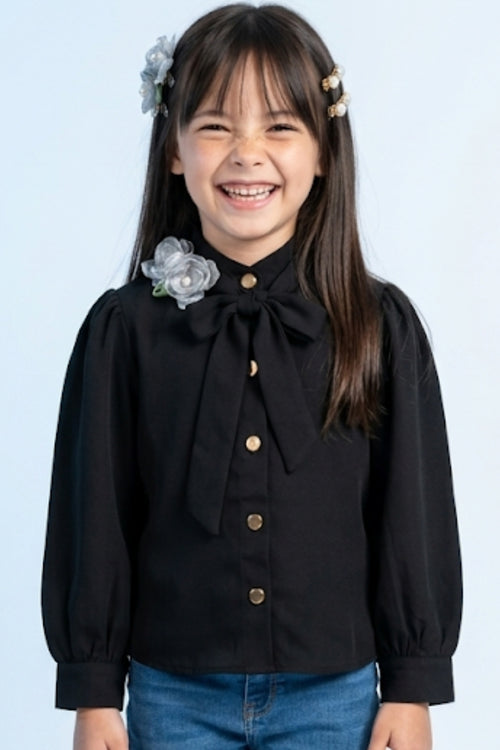 Black Bow Tie Party Shirt with Floral Brooch TG6271