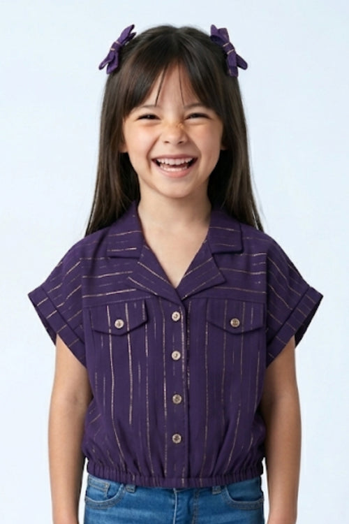 Purple Sleeveless Embellished Crop Shirt TG6248