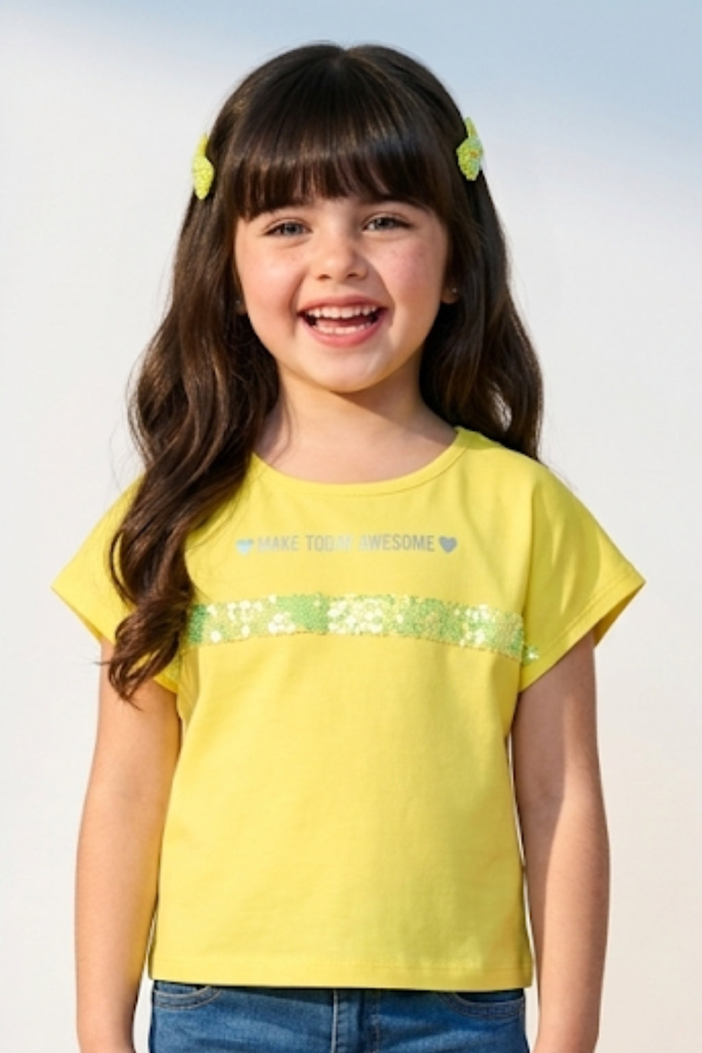 Lemon Yellow “Make Today Awesome” Sequin Stripe Top TG6202