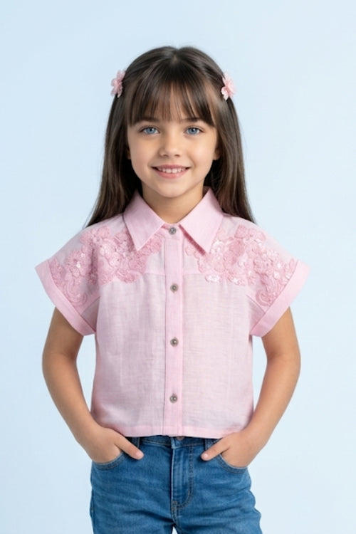 Pink Embroidered Lace Shoulder Shirt TG6522