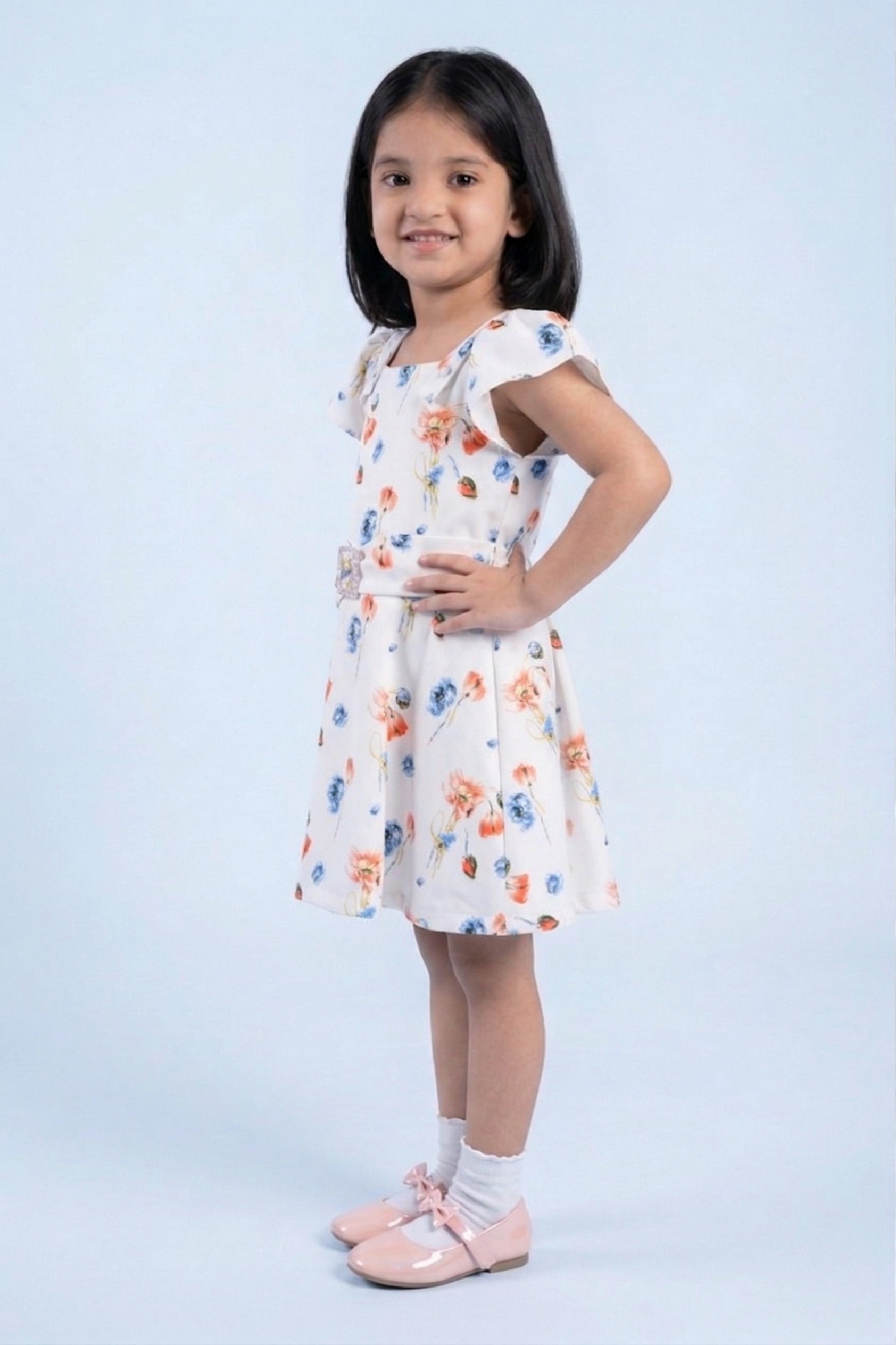 Girls Ivory Multi-Color Floral Flutter Sleeve Dress TSM30513