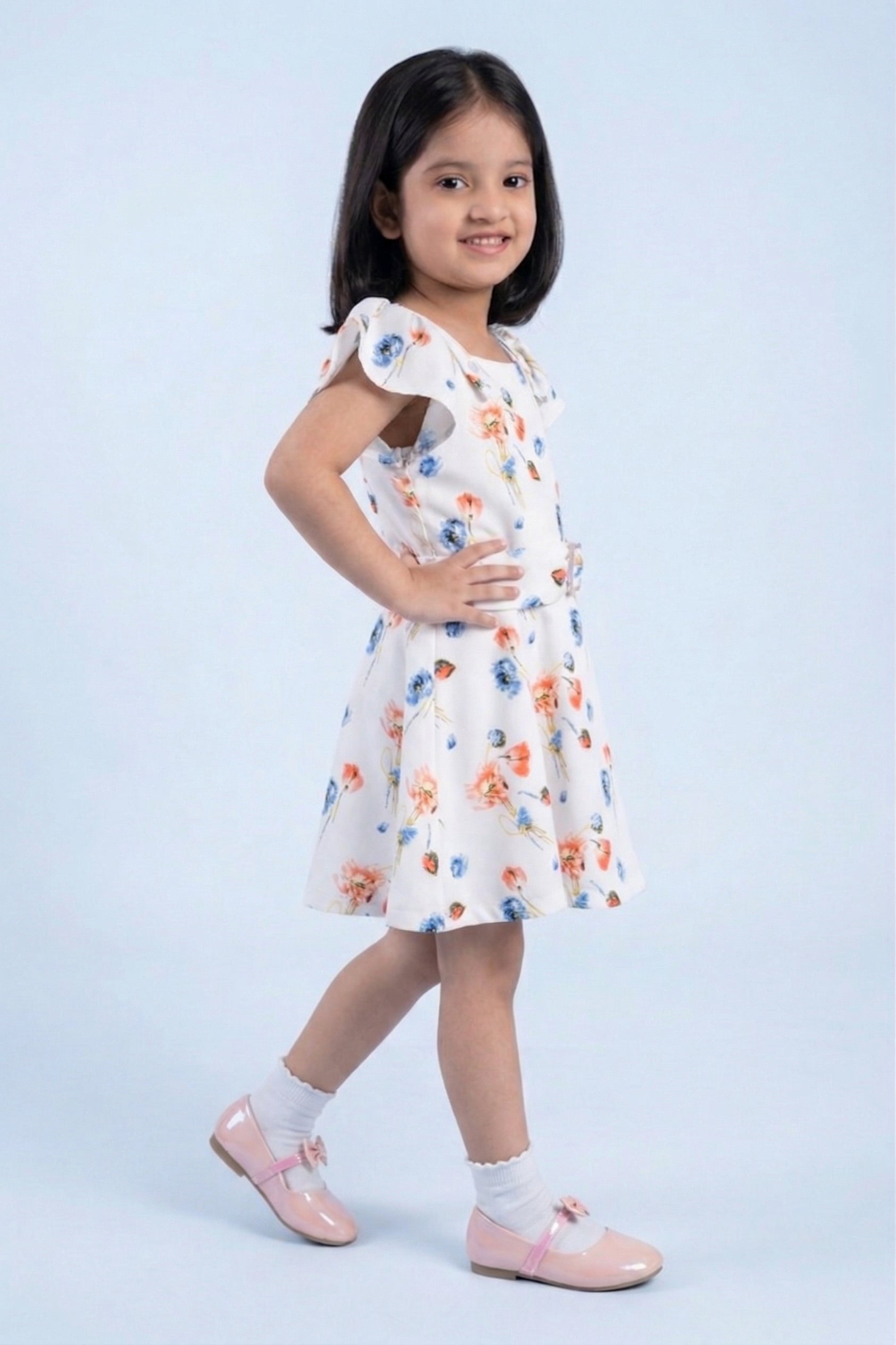 Girls Ivory Multi-Color Floral Flutter Sleeve Dress TSM30513