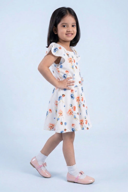 Girls Ivory Multi-Color Floral Flutter Sleeve Dress TSM30513