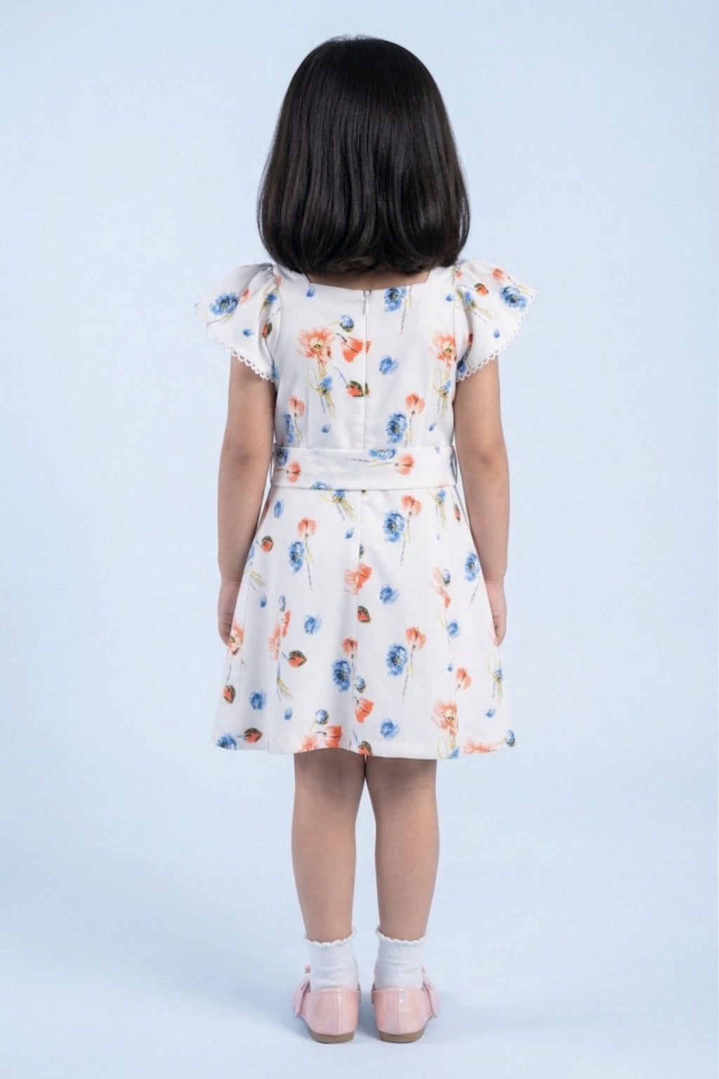 Girls Ivory Multi-Color Floral Flutter Sleeve Dress TSM30513