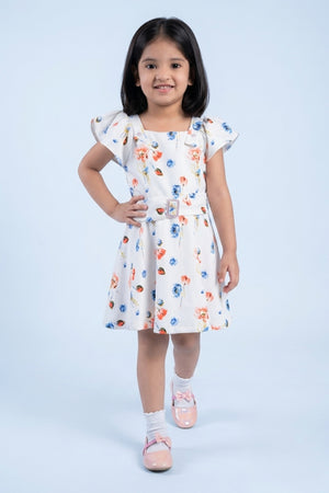 Girls Ivory Multi-Color Floral Flutter Sleeve Dress TSM30513