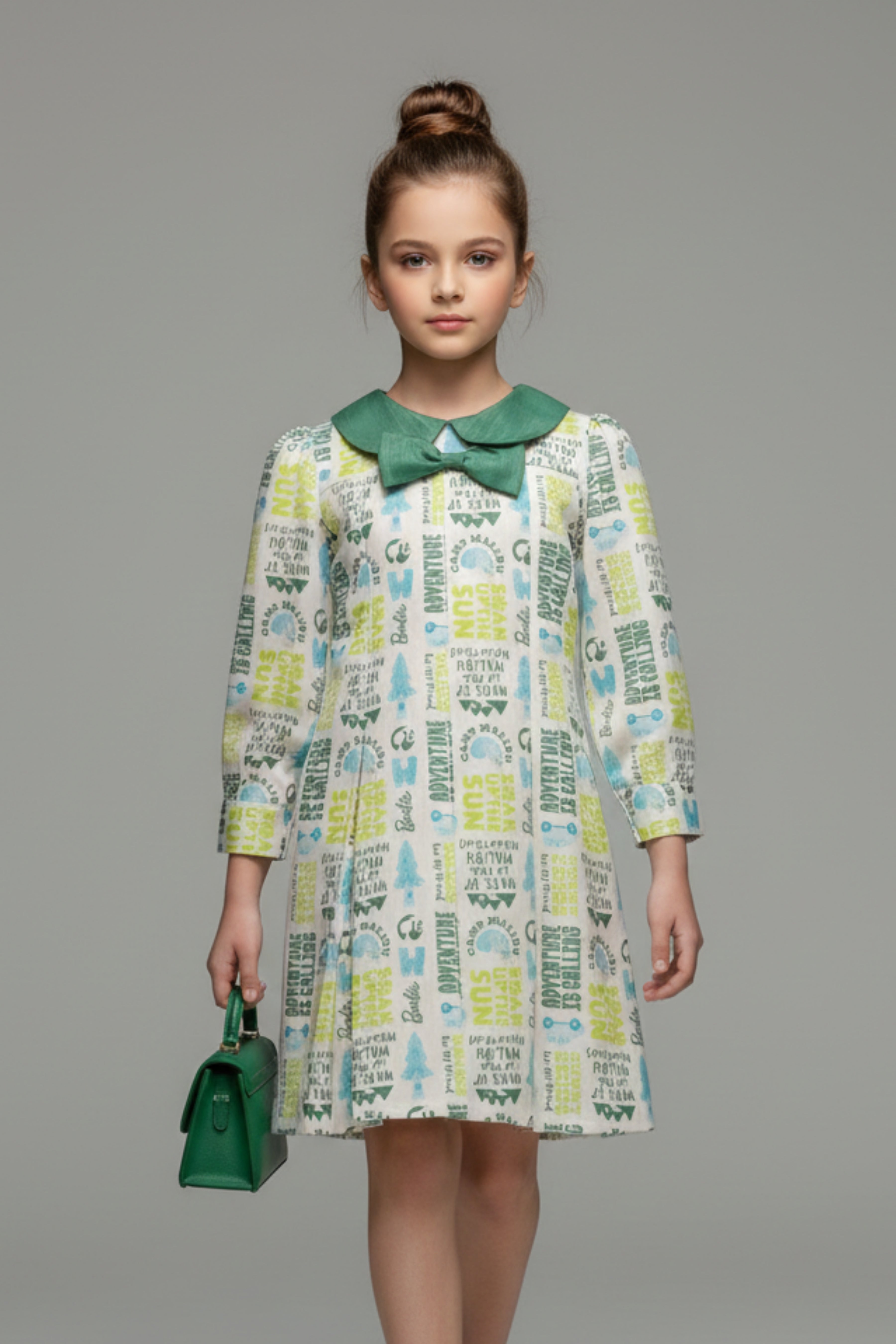 Barbie Off-White Printed Bow Collar Dress for Girls | Casual Kids wear