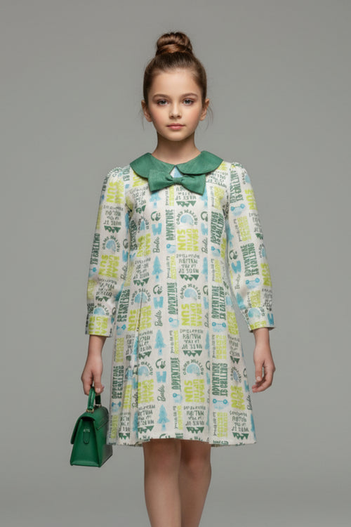Barbie Off-White Printed Bow Collar Dress BAM1231