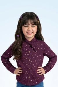 Wine Foil Print Shirt with Bow Collar TG6246