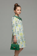 Barbie Off-White Printed Bow Collar Dress for Girls | Casual Kids wear