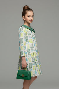 Barbie Off-White Printed Bow Collar Dress for Girls | Casual Kids wear