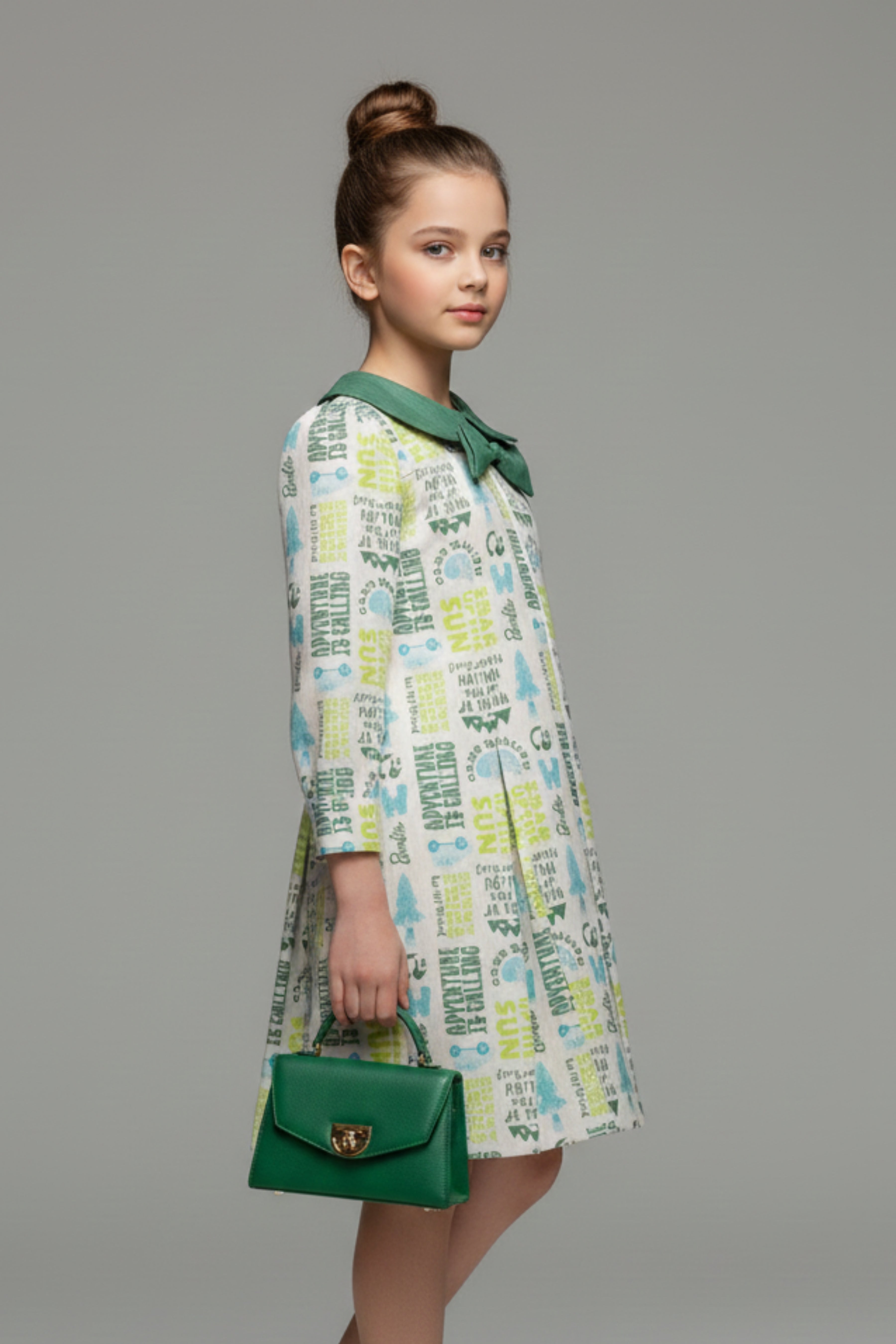 Barbie Off-White Printed Bow Collar Dress for Girls | Casual Kids wear