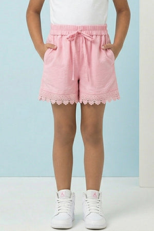 Girls Flamingo Pink Lace Hem Shorts H1037