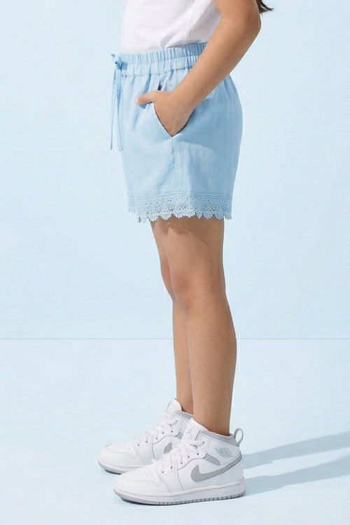 Girls Powder Blue Lace Hem Shorts H1037