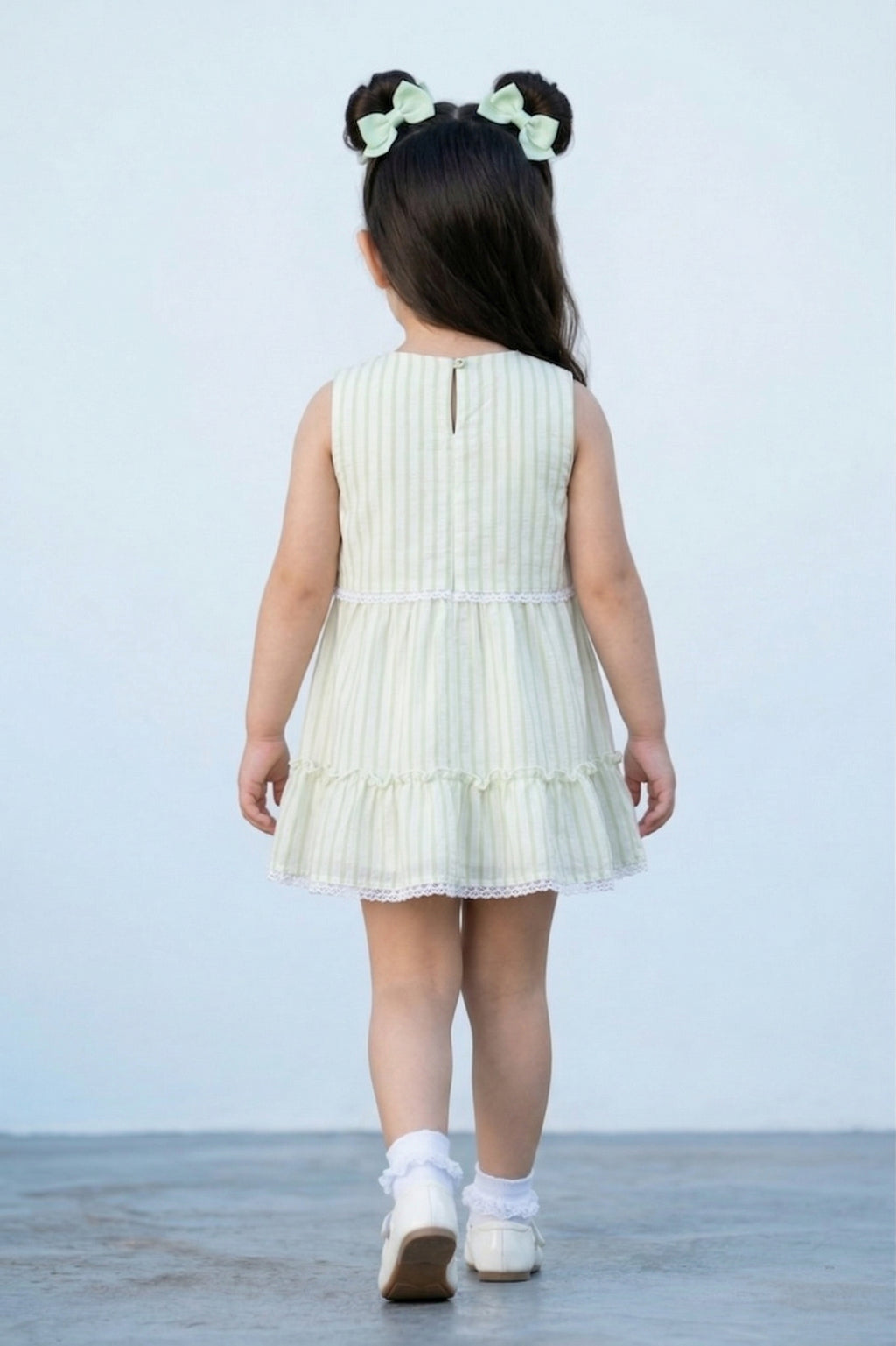 Girls Light Green Stripe Tiered Summer Dress TSM30466