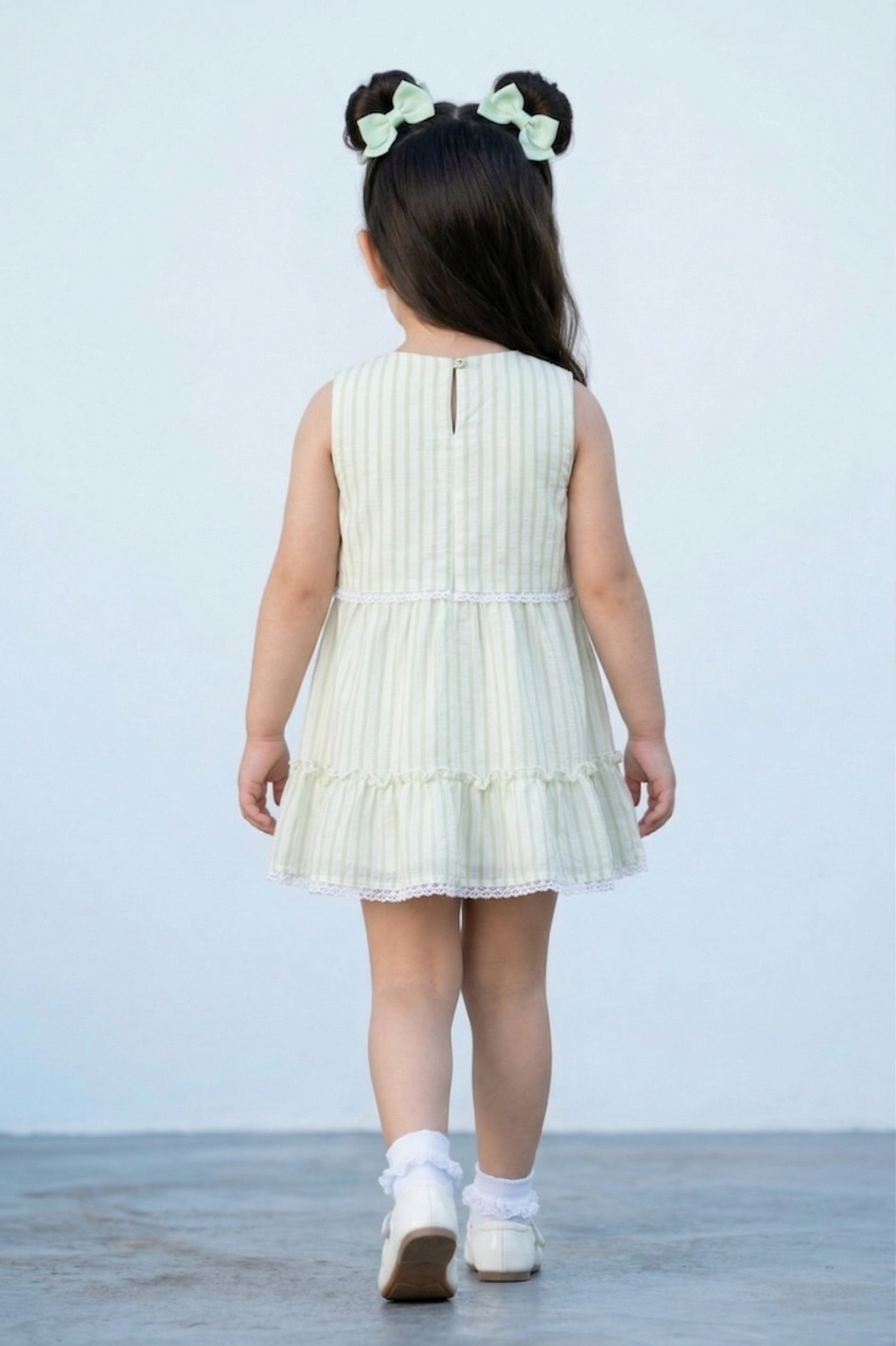 Girls Light Green Stripe Tiered Summer Dress TSM30466
