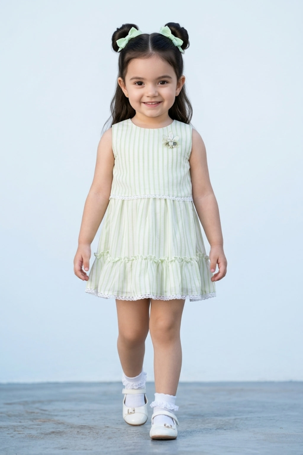 Girls Light Green Stripe Tiered Summer Dress TSM30466