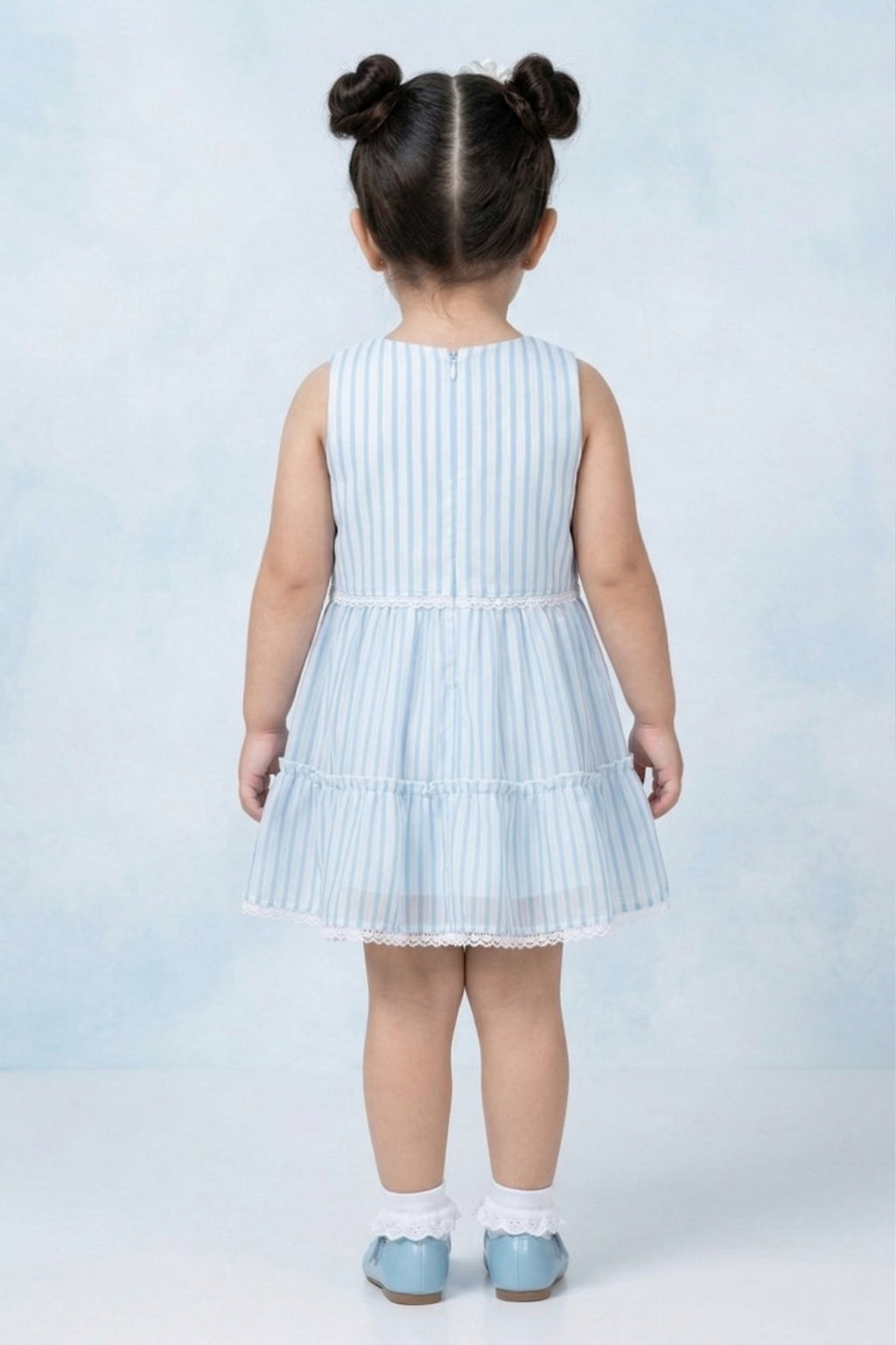 Girls Sky Blue Striped Tiered Dress TSM30466