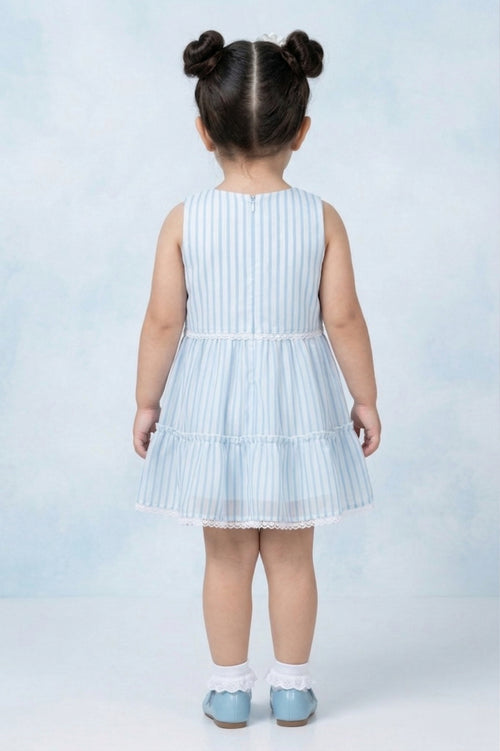Girls Sky Blue Striped Tiered Dress TSM30466
