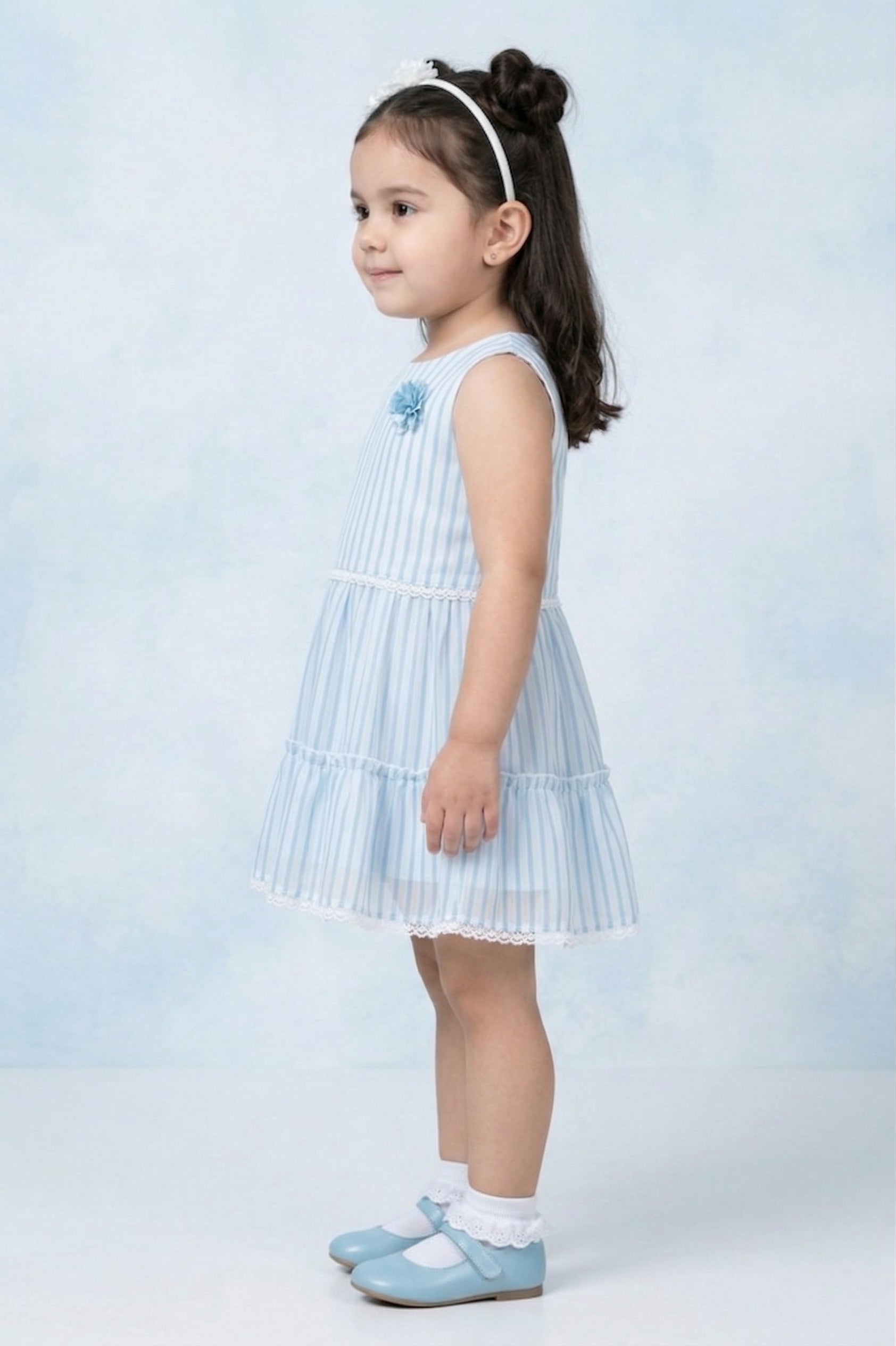 Girls Sky Blue Striped Tiered Dress TSM30466