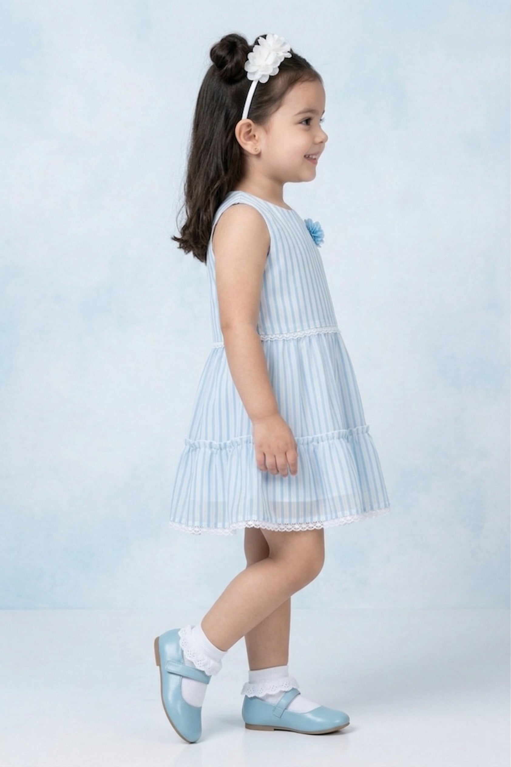 Girls Sky Blue Striped Tiered Dress TSM30466