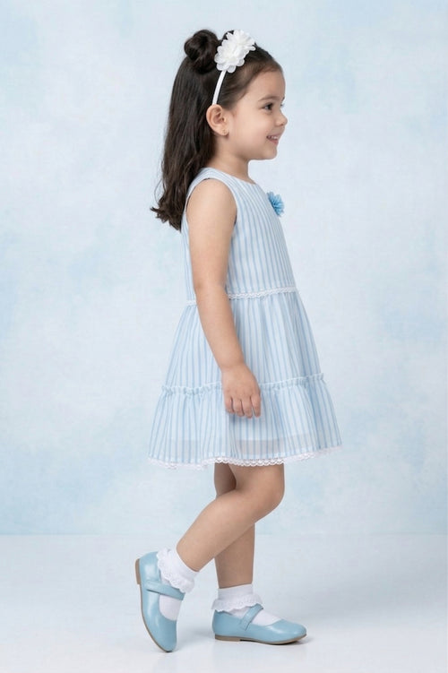 Girls Sky Blue Striped Tiered Dress TSM30466