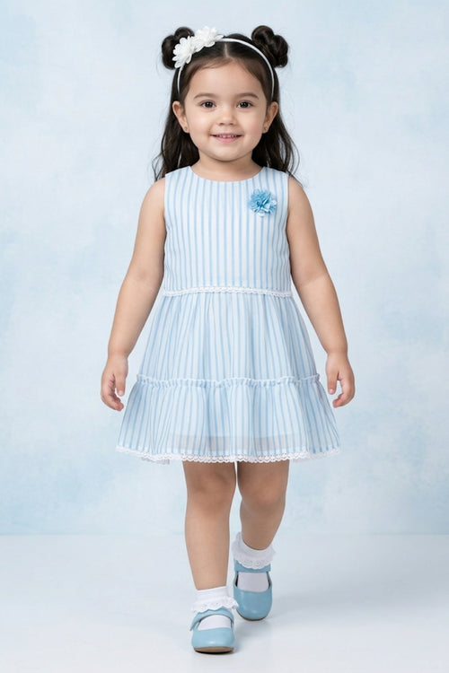 Girls Sky Blue Striped Tiered Dress TSM30466