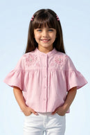 Pink Embroidered Flare Sleeve Yoke Top TG6521