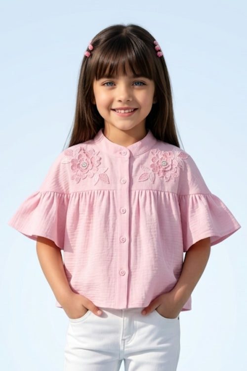 Pink Embroidered Flare Sleeve Yoke Top TG6521