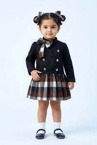 Girls Navy Blue & Plaid Bow Winter Dress TSM30706
