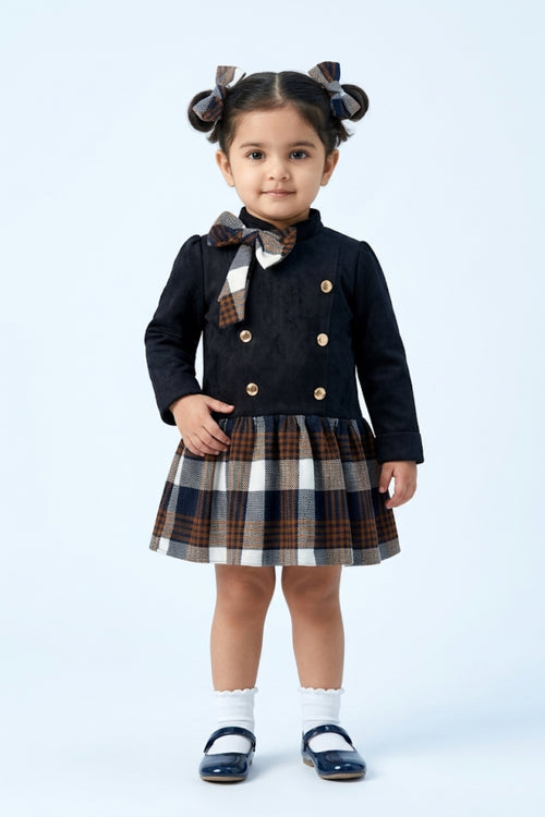 Girls Navy Blue & Plaid Bow Winter Dress TSM30706
