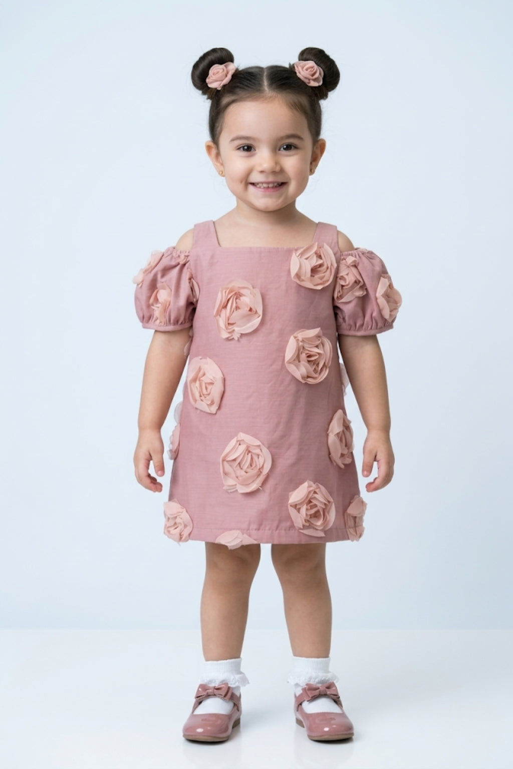 Girls Dusty Rose 3D Floral Cold-Shoulder Dress TSM30662
