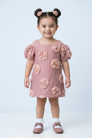 Girls Dusty Rose 3D Floral Cold-Shoulder Dress TSM30662