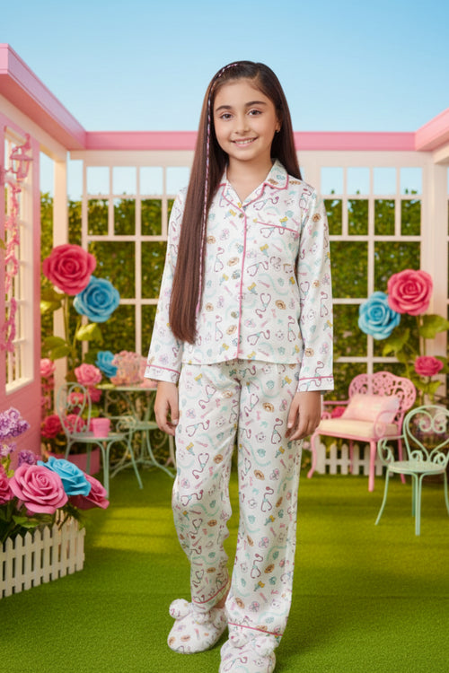 Barbie White Satin Printed Night Suit BANS0025