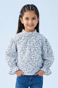 Blue Floral Printed Ruffle Sleeve Top TG6476