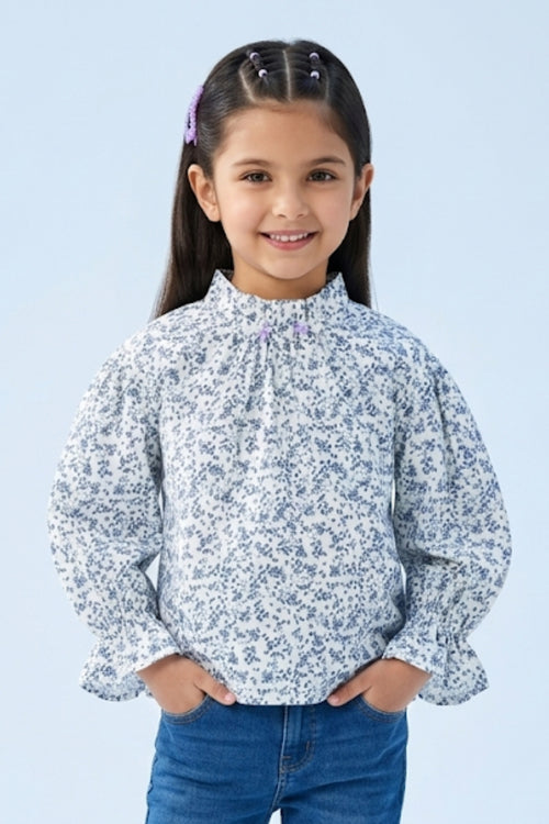 Blue Floral Printed Ruffle Sleeve Top TG6476