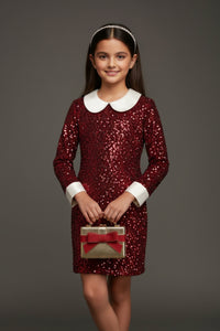 Girls Maroon Sequin Party Dress with White Collar – Kids Fancy Birthday Outfit