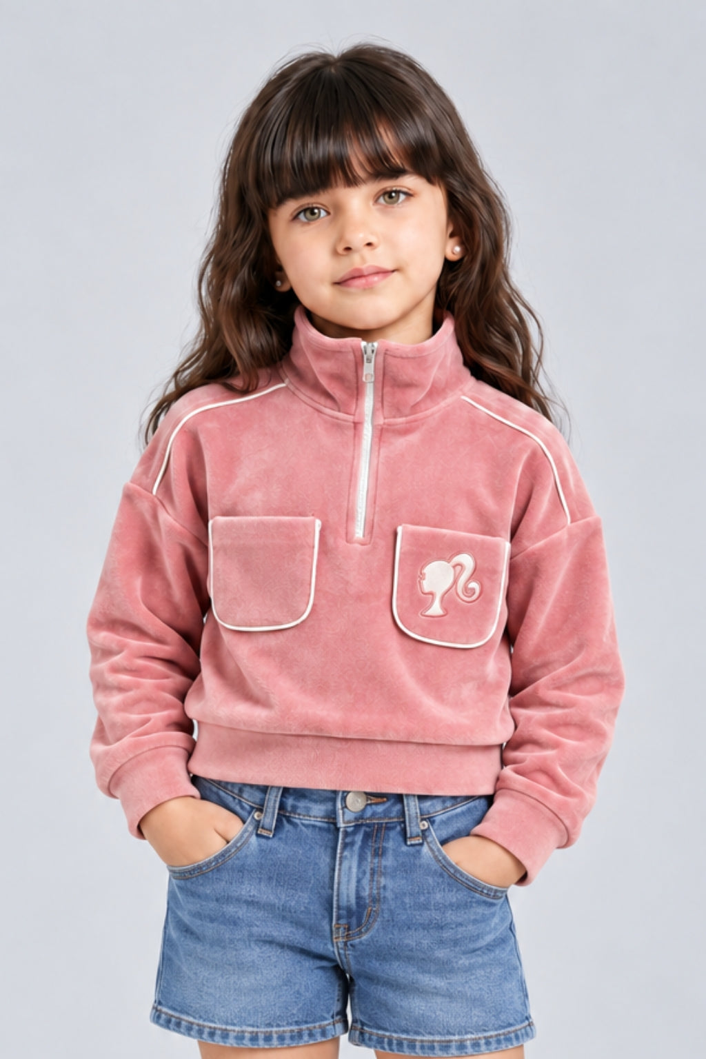 Barbie Peach Velour Half-Zip Pocket Sweatshirt BACO0022