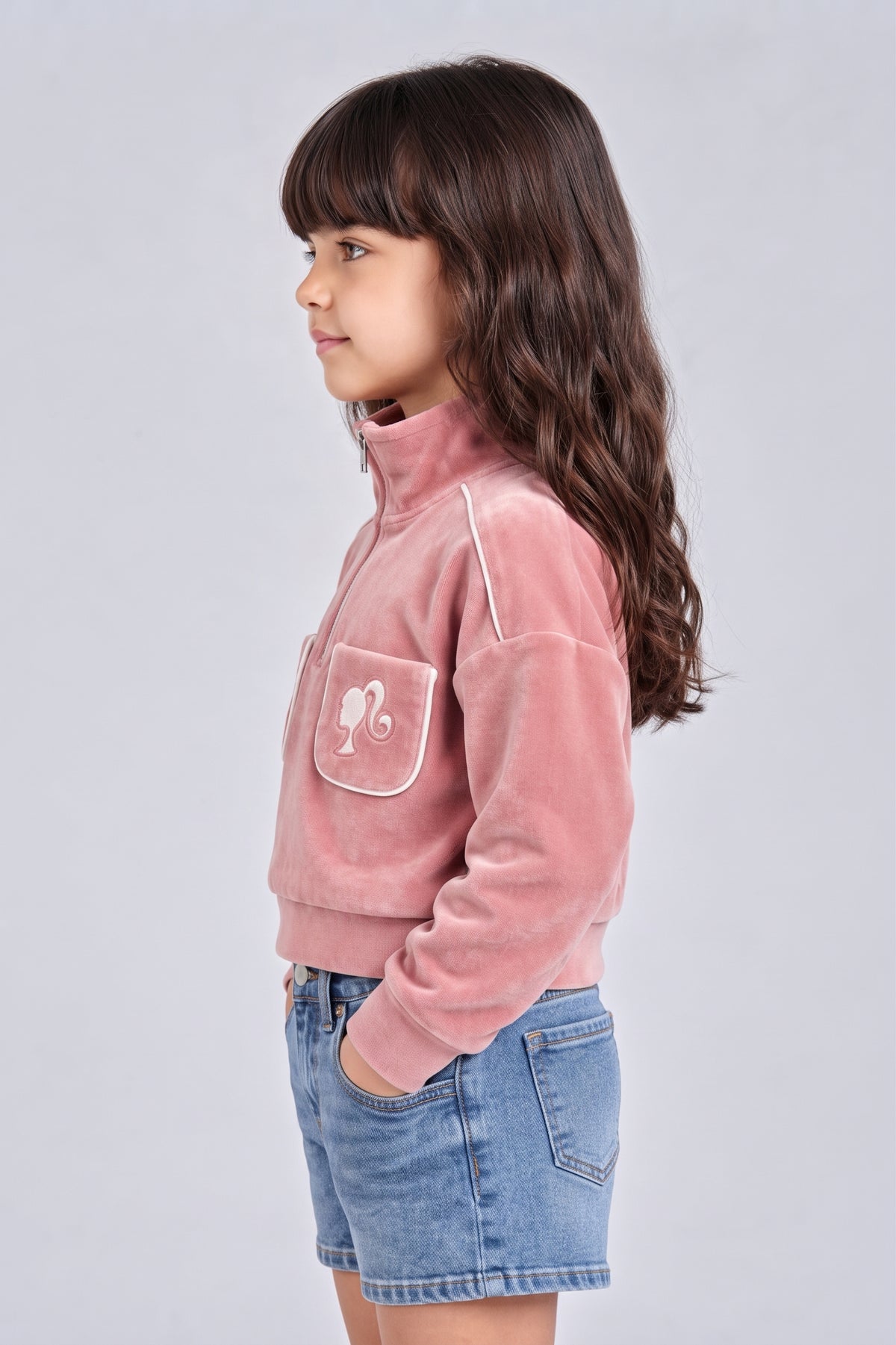 Barbie Peach Velour Half-Zip Pocket Sweatshirt BACO0022
