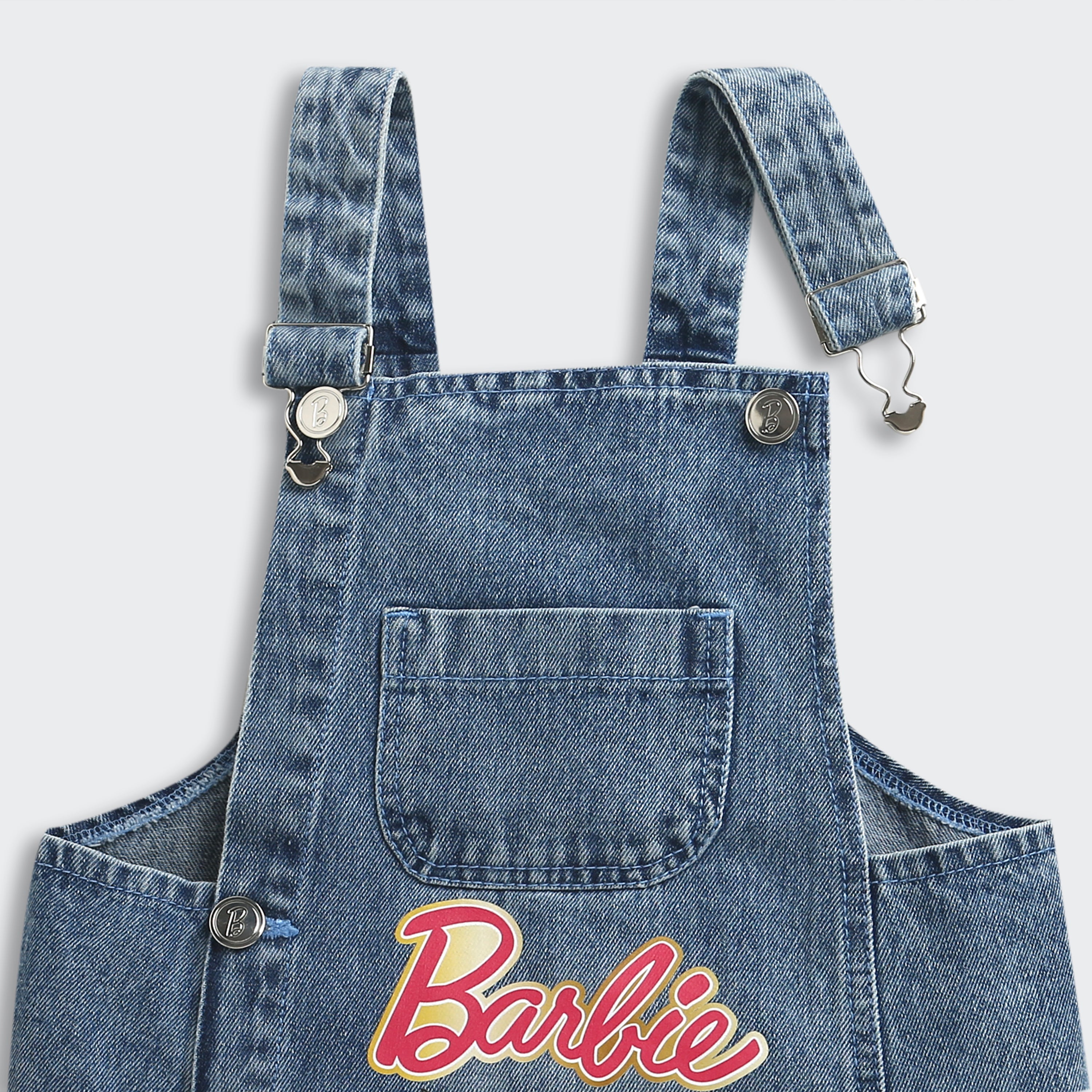 Barbie by Tiny Girl Mattel Featuring Barbie Printed Dungaree With Full Sleeves Top - Light Blue