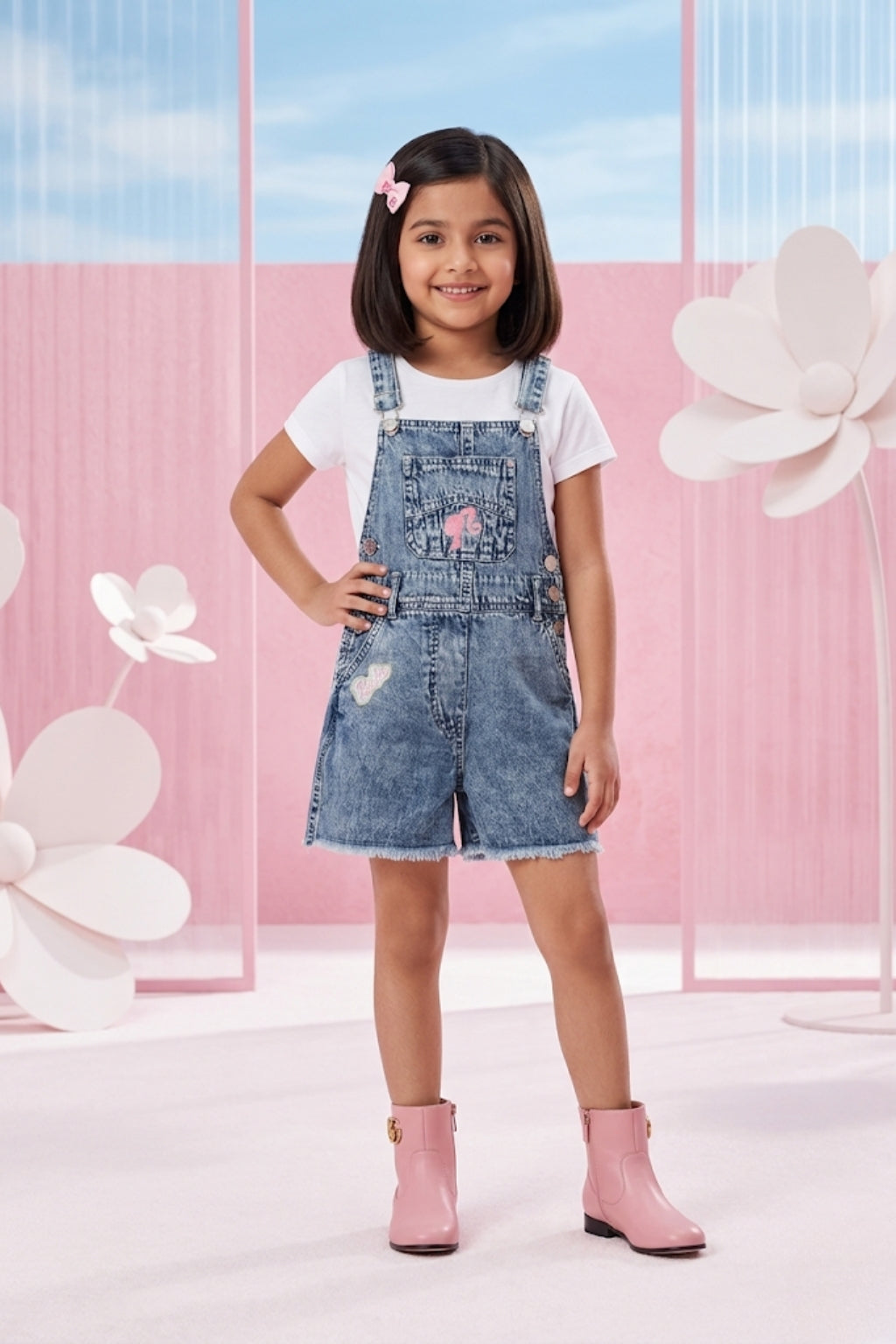 Barbie Blue Denim Printed Shorts Dungaree BAD824
