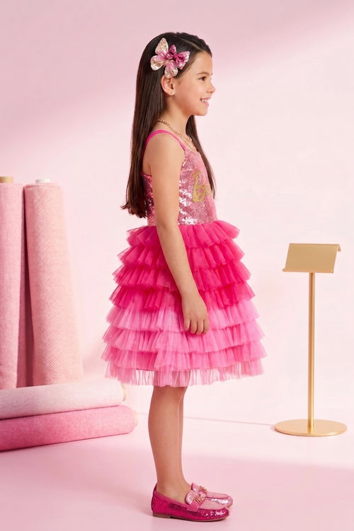 Barbie Pink Sequin Layered Tulle Party Dress BAF216