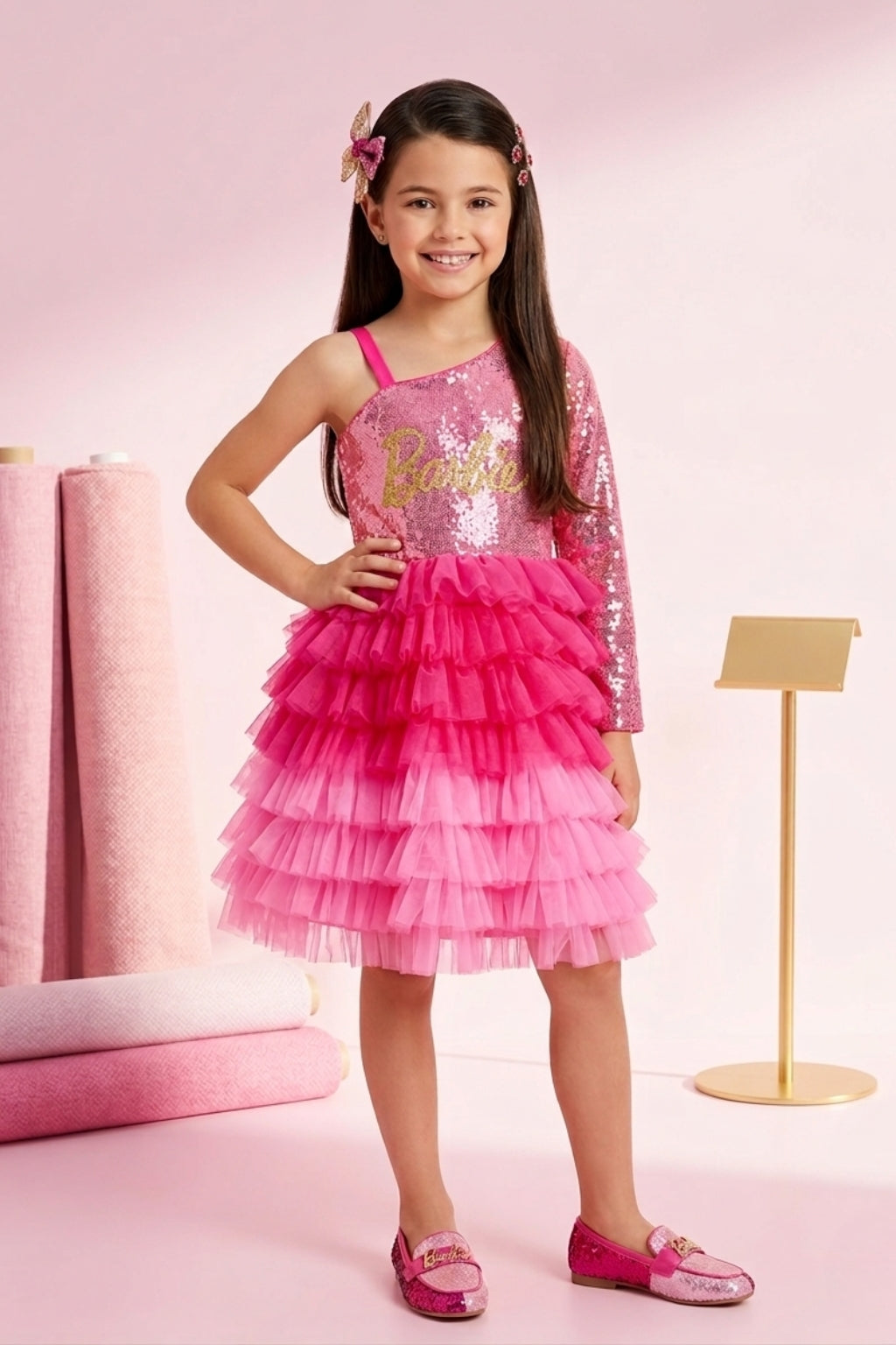 Barbie Pink Sequin Layered Tulle Party Dress BAF216