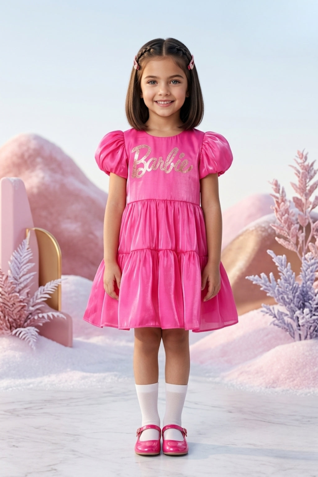 Barbie Hot Pink Satin Puff Sleeve Party Dress BAF219