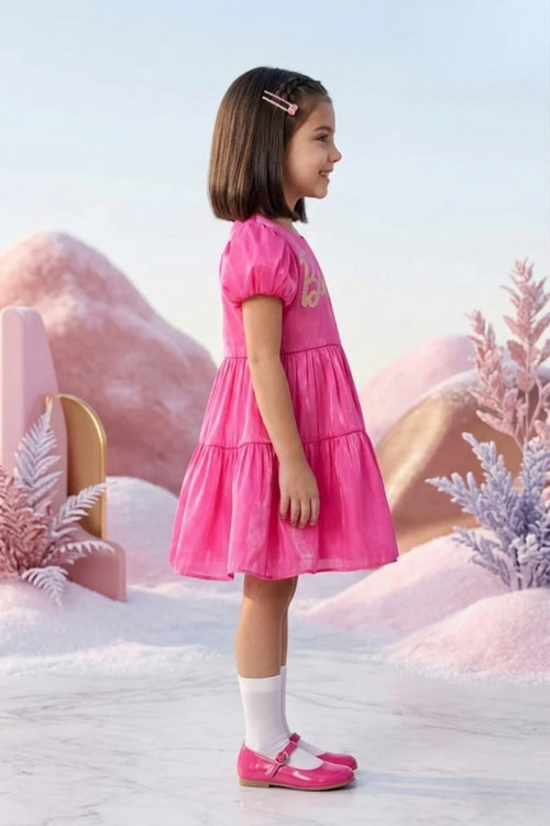 Barbie Hot Pink Satin Puff Sleeve Party Dress BAF219